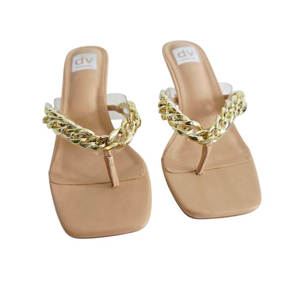 Dolce Vita Tan & Gold Player Chain Slide Thong Sandal Heels Size 9.5 - Picture 7 of 8